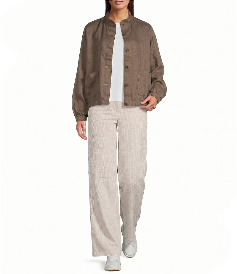 Eileen Fisher Organic Linen Stand Collar Long Sleeve Cinched Jacket