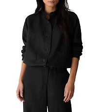 Eileen Fisher Organic Linen Stand Collar Long Sleeve Cinched Jacket