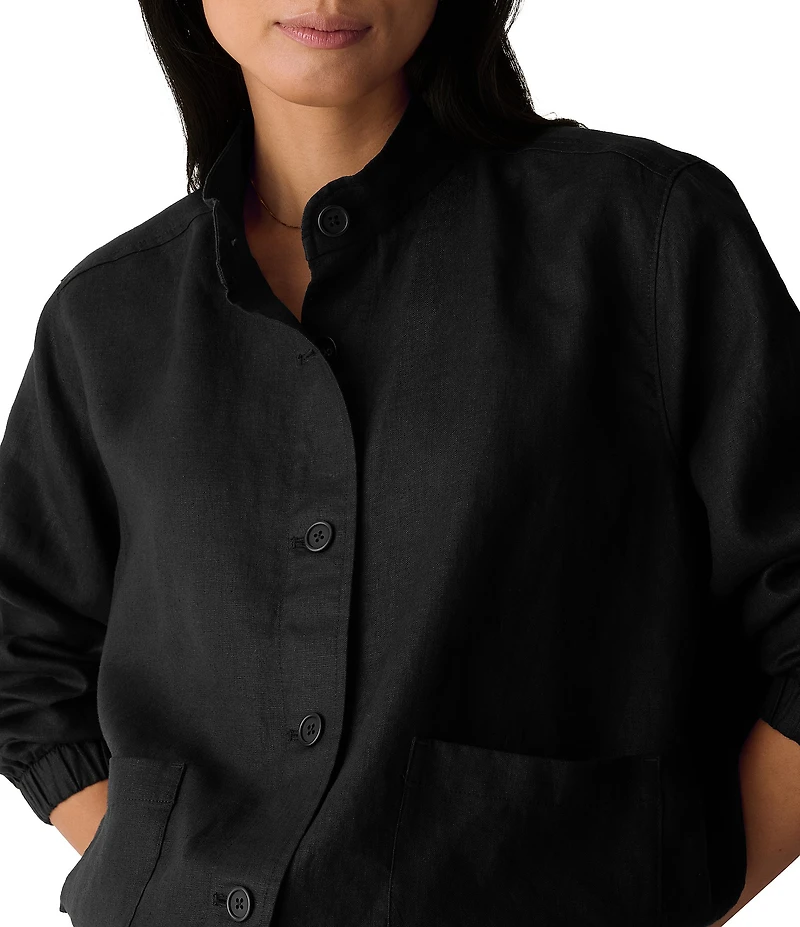 Eileen Fisher Organic Linen Stand Collar Long Sleeve Cinched Jacket