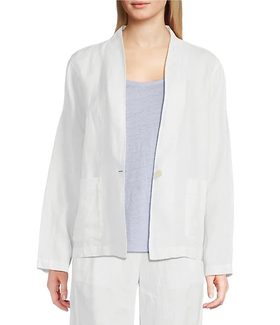 Eileen Fisher Organic Linen V-Neck High Collar Long Sleeve Jacket