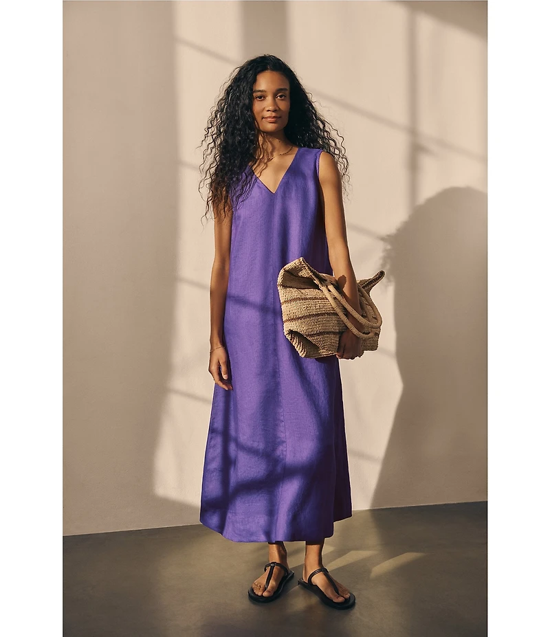 Eileen Fisher Organic Linen V-Neck Sleeveless Maxi Dress