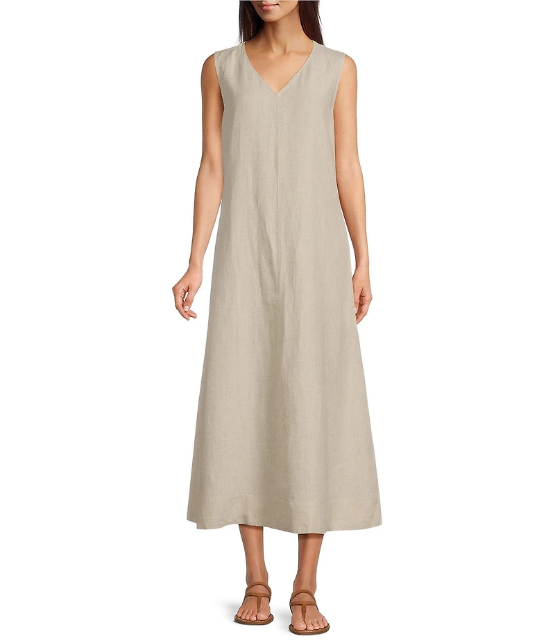 Eileen Fisher Organic Linen V-Neck Sleeveless Maxi Dress