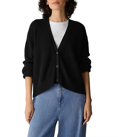 Eileen Fisher Peruvian Cotton-Blend V-Neck Long Sleeve Button-Front Cardigan