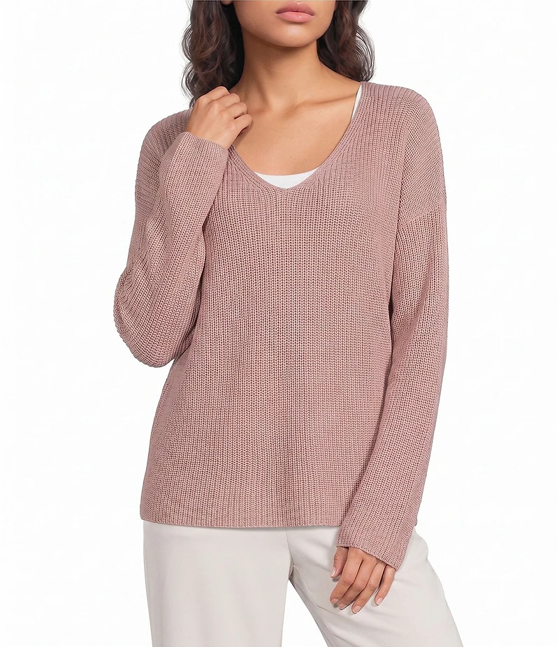 Eileen Fisher Peruvian Cotton-Blend V-Neck Long Sleeve Sweater