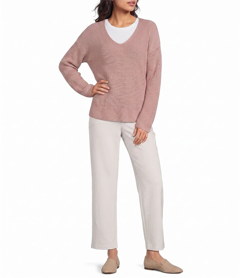 Eileen Fisher Peruvian Cotton-Blend V-Neck Long Sleeve Sweater