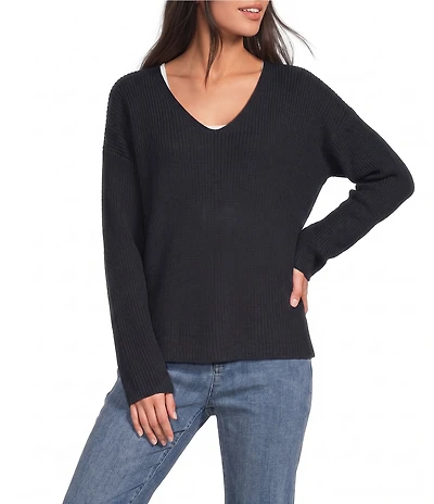 Eileen Fisher Peruvian Cotton-Blend V-Neck Long Sleeve Sweater