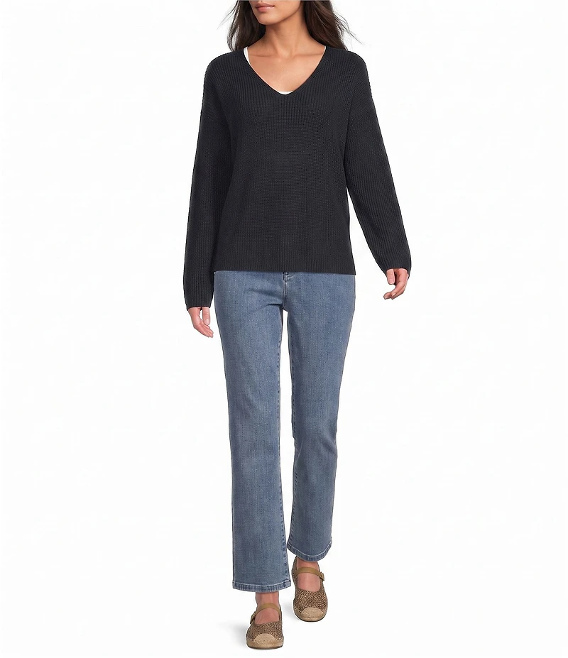 Eileen Fisher Peruvian Cotton-Blend V-Neck Long Sleeve Sweater