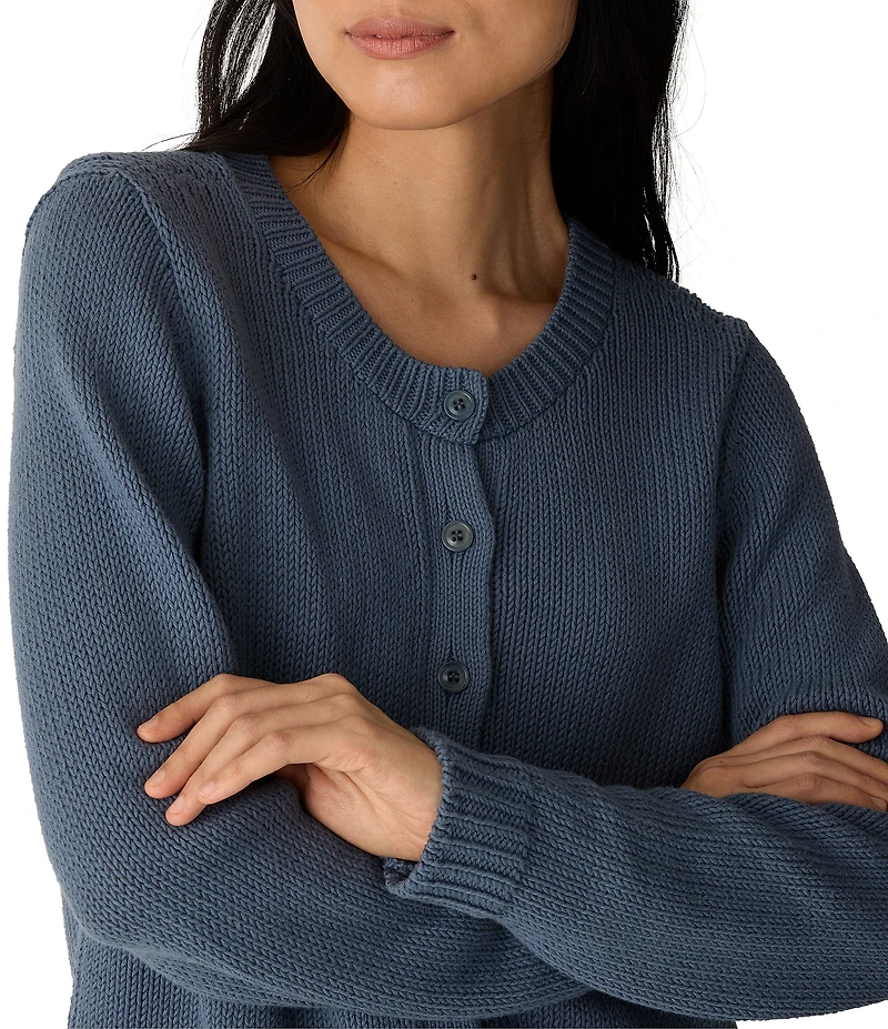 Eileen Fisher Peruvian Organic Cotton Ribbed Crew Neck Long Sleeve Button-Front Cardigan
