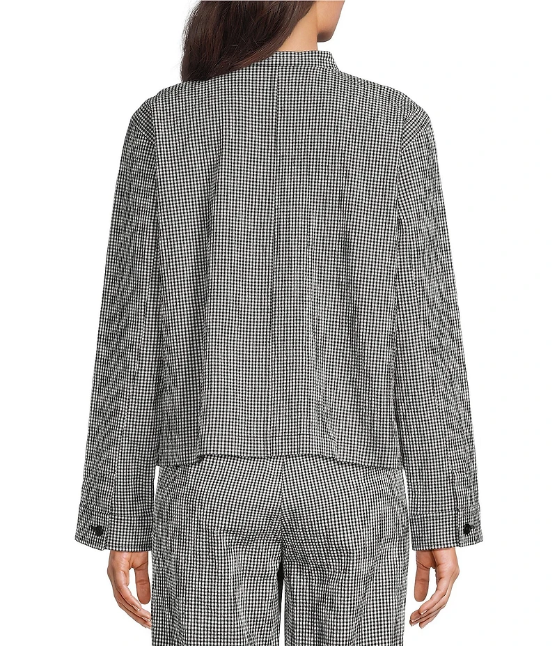 Eileen Fisher Petite Organi Cotton Pucker Check Mandarin Collar Long Sleeve Jacket