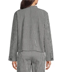 Eileen Fisher Petite Organi Cotton Pucker Check Mandarin Collar Long Sleeve Jacket