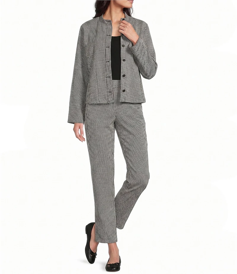 Eileen Fisher Petite Organi Cotton Pucker Check Mandarin Collar Long Sleeve Jacket