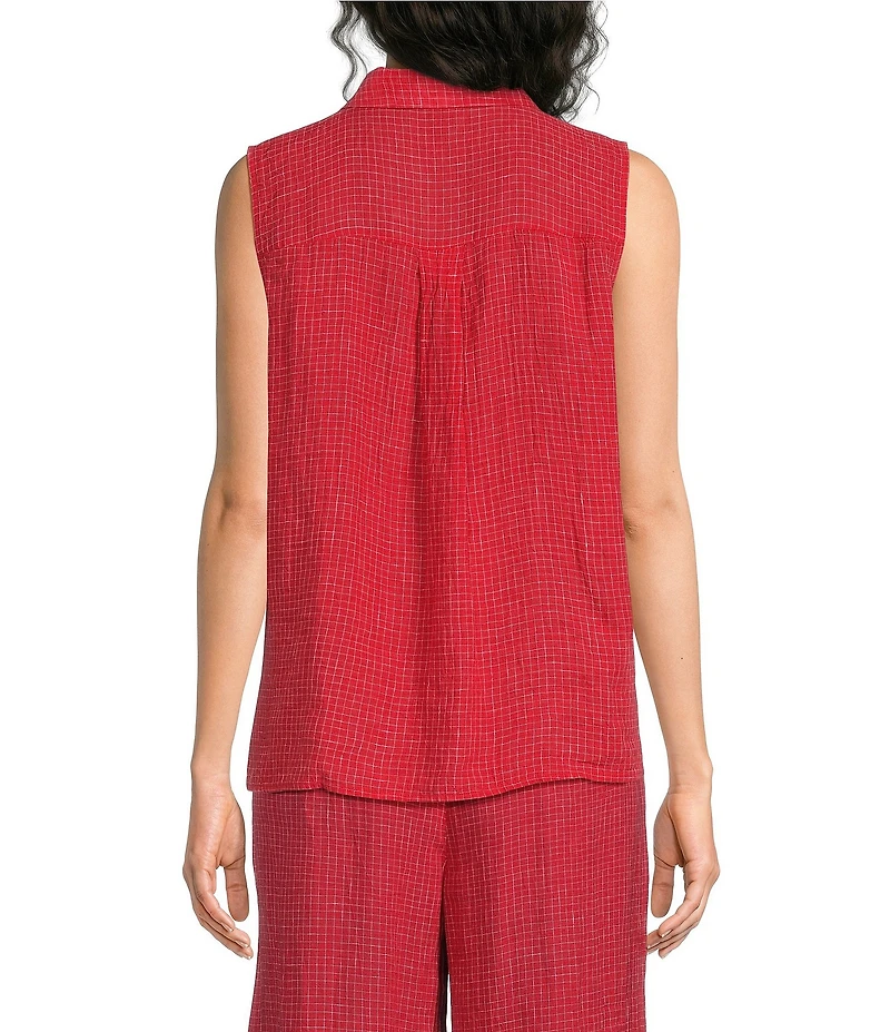 Eileen Fisher Petite Puckered Organic Linen Grid Point Collar Sleeveless Button Front Shirt