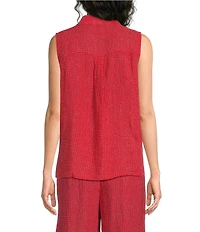 Eileen Fisher Petite Puckered Organic Linen Grid Point Collar Sleeveless Button Front Shirt
