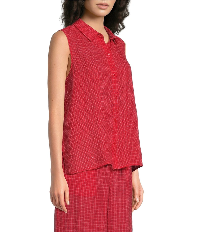 Eileen Fisher Petite Puckered Organic Linen Grid Point Collar Sleeveless Button Front Shirt