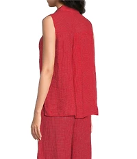 Eileen Fisher Petite Puckered Organic Linen Grid Point Collar Sleeveless Button Front Shirt