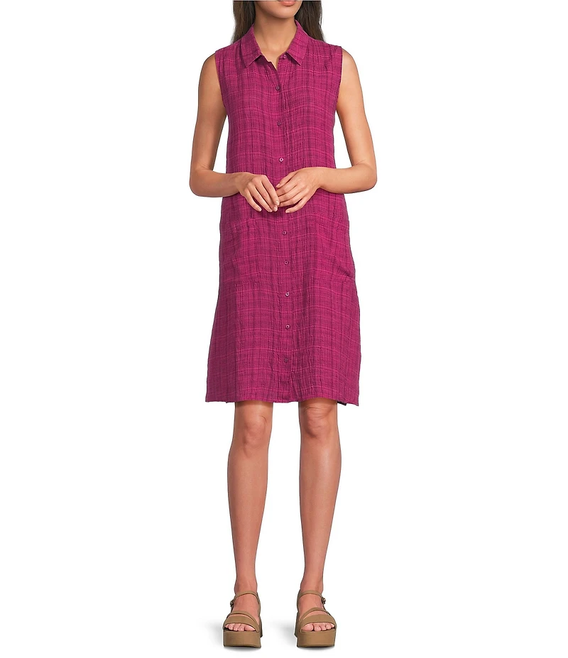Eileen Fisher Petite Puckered Organic Linen Point Collar Sleeveless Shirt Dress
