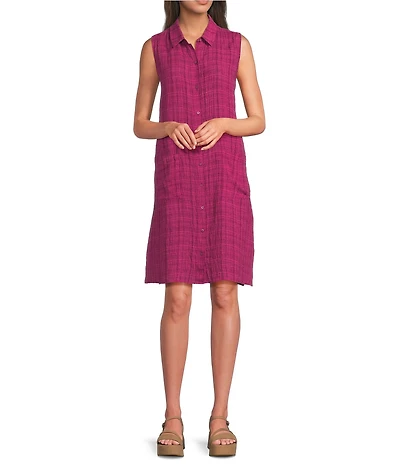 Eileen Fisher Petite Puckered Organic Linen Point Collar Sleeveless Shirt Dress