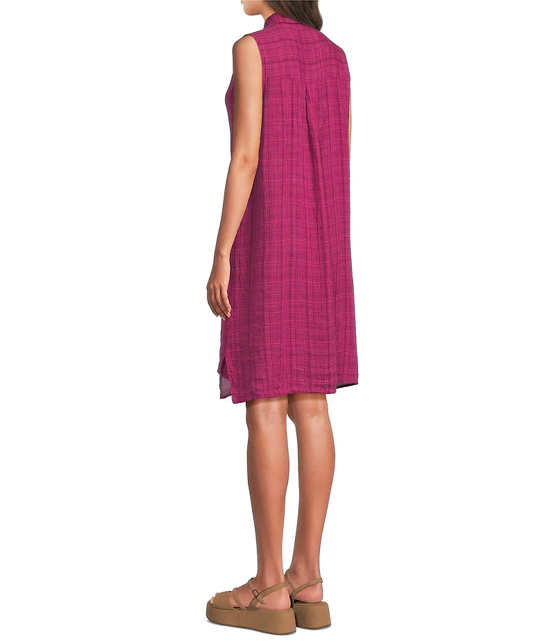 Eileen Fisher Petite Puckered Organic Linen Point Collar Sleeveless Shirt Dress
