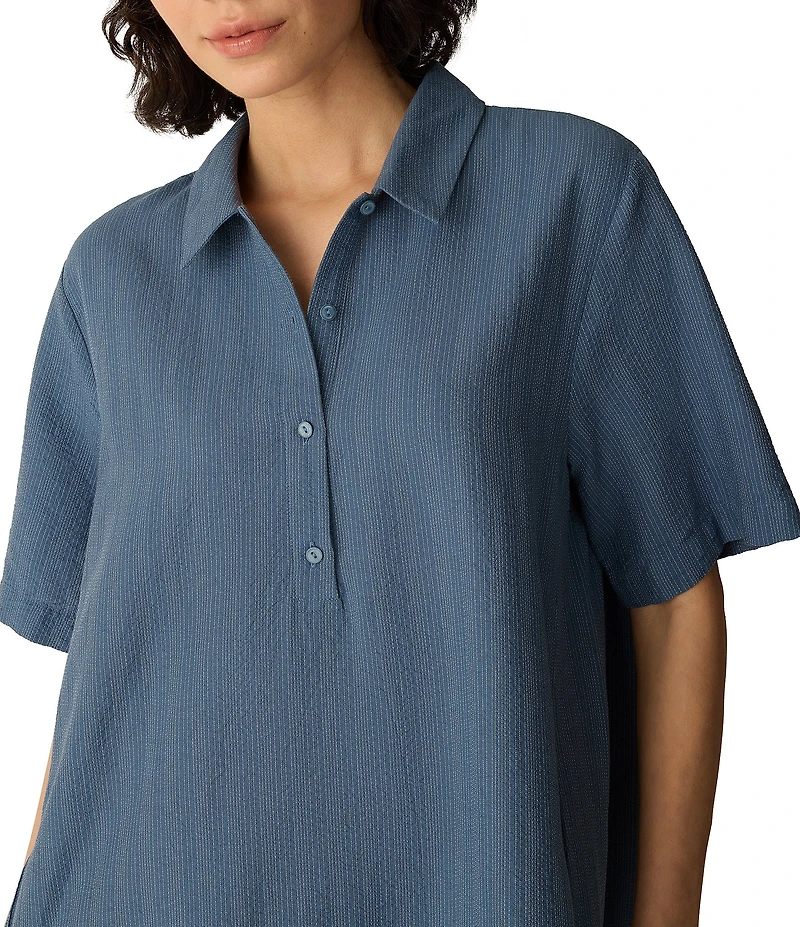 Eileen Fisher Petite Size Cotton-Blend Stripe Stitch Point Collar Short Sleeve Shift Dress