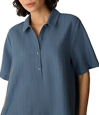 Eileen Fisher Petite Size Cotton-Blend Stripe Stitch Point Collar Short Sleeve Shift Dress