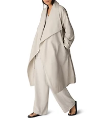 Eileen Fisher Petite Size Cotton Nylon Weave High Draped Neck Long Raglan Sleeve Coat