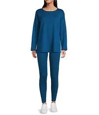 Eileen Fisher Petite Size Cozy Brushed Terry Organic Cotton Blend Round Neck Long Sleeve Box Top