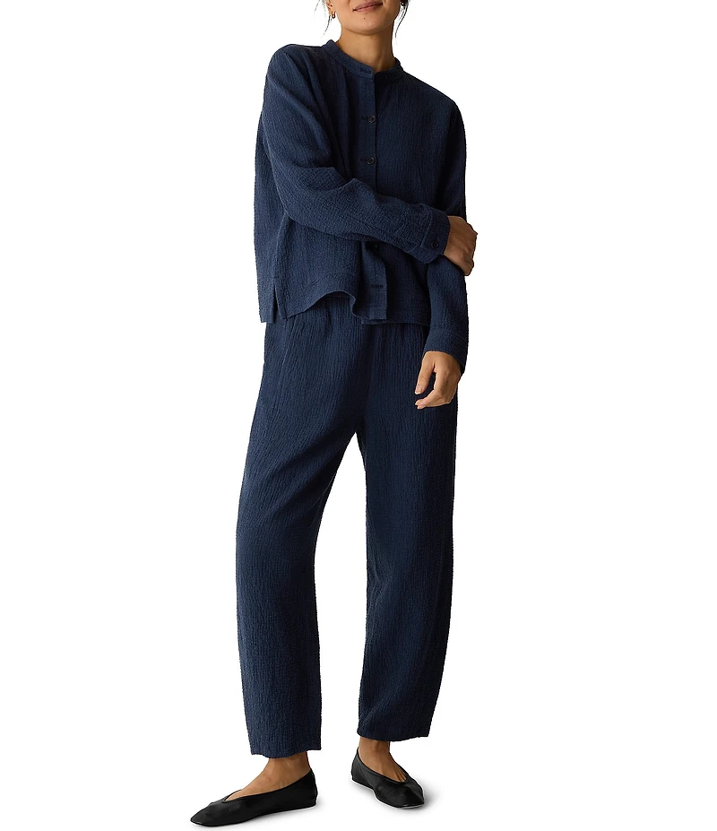 Eileen Fisher Petite Size Crinkle Doubleweave Mandarin Collar Long Sleeve Jacket