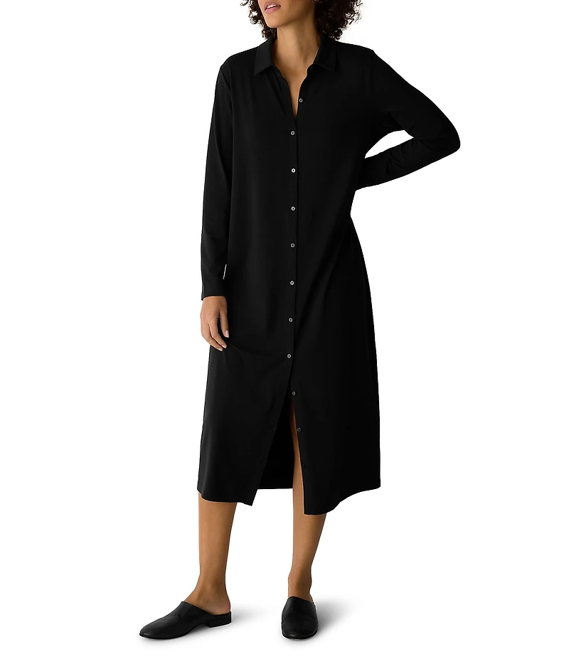 Eileen Fisher Petite Size Jersey Knit Classic Point Collar Long Sleeve Dress