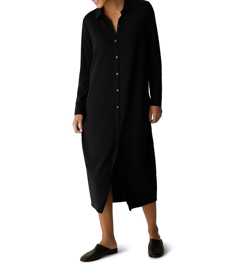 Eileen Fisher Petite Size Jersey Knit Classic Point Collar Long Sleeve Dress