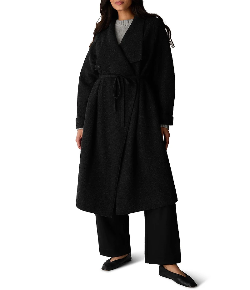 Eileen Fisher Petite Size Lightweight Boiled Wool High Drape Neck Long Sleeve Tie Belt Long Coat