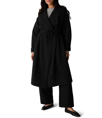 Eileen Fisher Petite Size Lightweight Boiled Wool High Drape Neck Long Sleeve Tie Belt Long Coat
