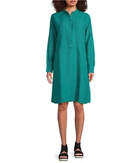 Eileen Fisher Petite Size Organic Linen Mandarin Collar Long Sleeve Dress