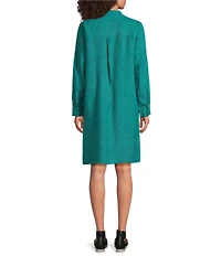 Eileen Fisher Petite Size Organic Linen Mandarin Collar Long Sleeve Dress