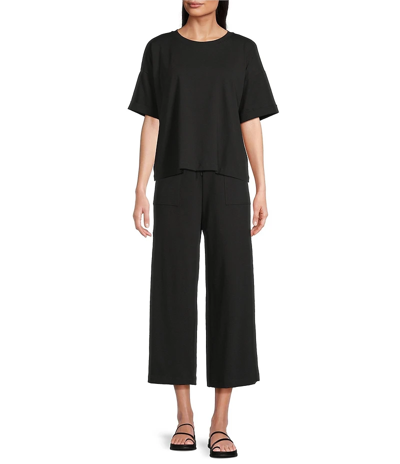 Eileen Fisher Petite Size Organic Cotton Blend Stretch Jersey Elastic Drawstring Straight Leg Ankle Pants