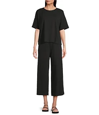 Eileen Fisher Petite Size Organic Cotton Blend Stretch Jersey Elastic Drawstring Straight Leg Ankle Pants