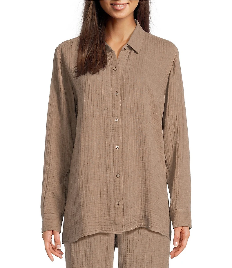 Eileen Fisher Petite Size Organic Cotton Gauze Point Collar Long Sleeve Top