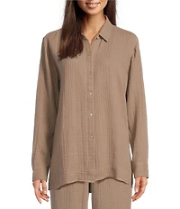 Eileen Fisher Petite Size Organic Cotton Gauze Point Collar Long Sleeve Top