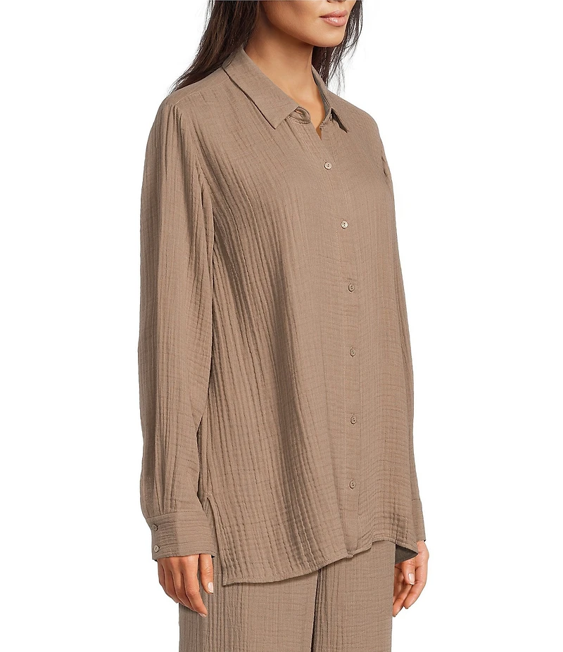 Eileen Fisher Petite Size Organic Cotton Gauze Point Collar Long Sleeve Top