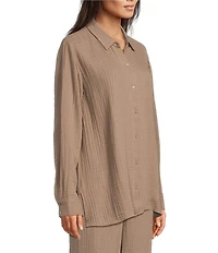 Eileen Fisher Petite Size Organic Cotton Gauze Point Collar Long Sleeve Top