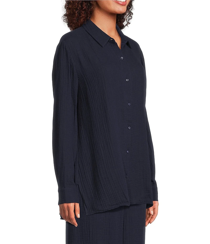 Eileen Fisher Petite Size Organic Cotton Gauze Point Collar Long Sleeve Top