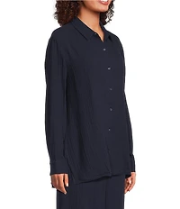 Eileen Fisher Petite Size Organic Cotton Gauze Point Collar Long Sleeve Top