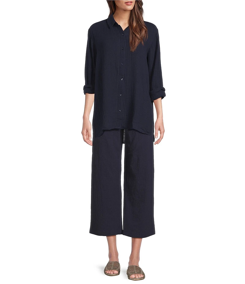 Eileen Fisher Petite Size Organic Cotton Gauze Point Collar Long Sleeve Top