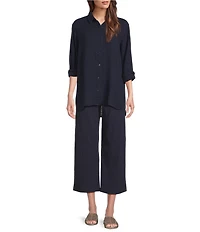 Eileen Fisher Petite Size Organic Cotton Gauze Point Collar Long Sleeve Top