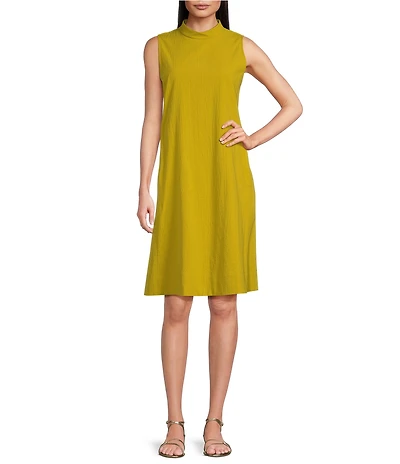 Eileen Fisher Petite Size Organic Cotton Pucker Mock Neck Sleeveless A-Line Dress