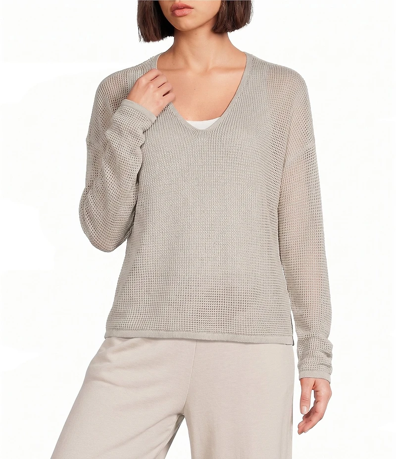 Eileen Fisher Petite Size Organic Linen Cotton V-Neck Long Sleeve Boxy Sweater