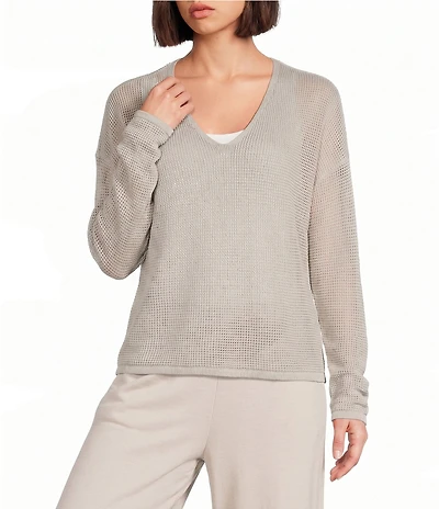 Eileen Fisher Petite Size Organic Linen Cotton V-Neck Long Sleeve Boxy Sweater