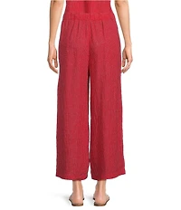 Eileen Fisher Petite Size Puckered Organic Linen Grid Elastic Waist Wide Ankle Pants