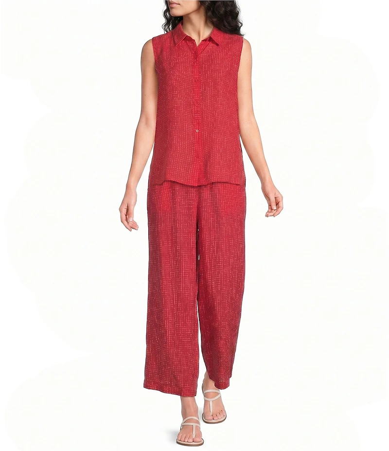 Eileen Fisher Petite Size Puckered Organic Linen Grid Elastic Waist Wide Ankle Pants