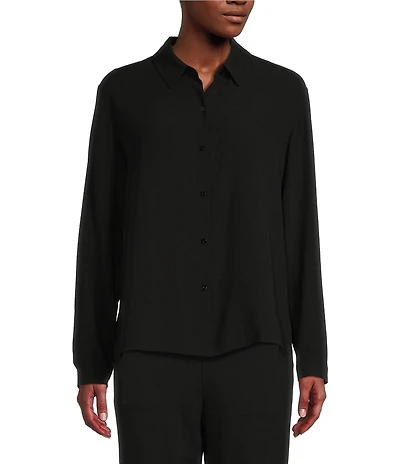 Eileen Fisher Petite Size Silk Georgette Crepe Point Collar Long Sleeve Button Front Shirt