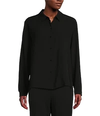 Eileen Fisher Petite Size Silk Georgette Crepe Point Collar Long Sleeve Button Front Shirt